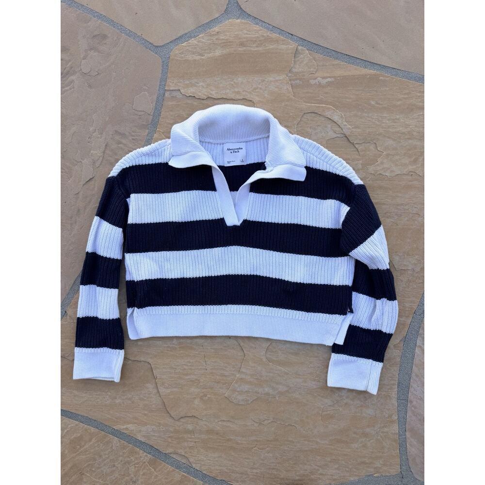 Abercrombie & Fitch blue white stripe V-Neck Sweater oversized Sz S ES